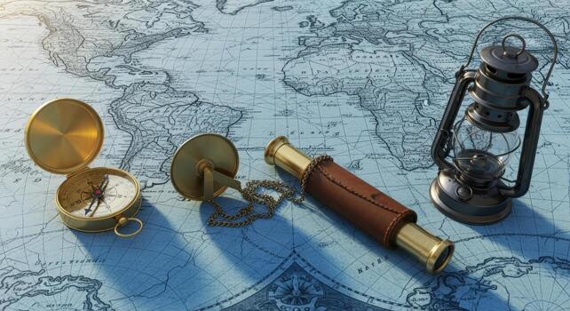 Antique Navigation Tools on World Map Background Compass, Spyglass, and Lantern for Exploration Concepts photo