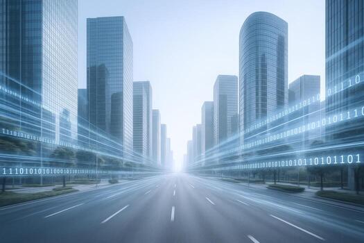 Futuristic Cityscape with Data Streams and Modern Architecture Representing Digital Connectivity and Urban Innovation photo