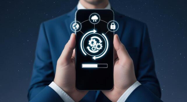 Businessman Holding Smartphone Displaying Data Synchronization and Cloud Security Technology with Modern UI Design photo
