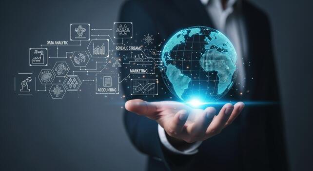 Global Business Network Man Holding Digital Globe with Data Flow Visualization for International Strategy photo