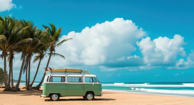 Vintage Campervan Parked on Tropical Beach with Palm Trees and Turquoise Ocean View on Summer Day photo