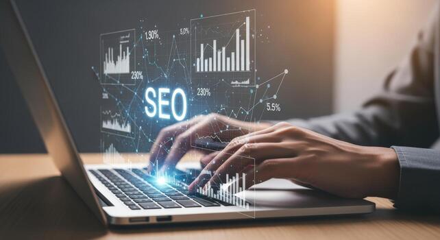 Hands Typing on Laptop with Data Graphics Overlay Search Engine Optimization and Digital Marketing photo