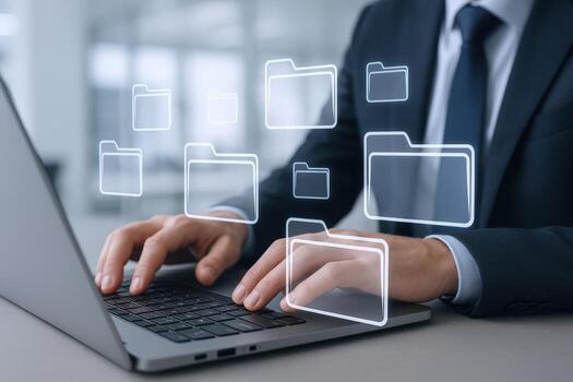 Data Management Businessman using Laptop with Digital Folders for File Organization and Document Storage Solutions photo
