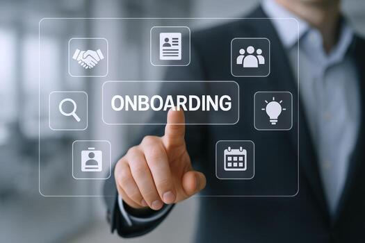 Onboarding Process Man Interacting with Digital Touchscreen Interface Representing Employee Integration and Business Collaboration photo