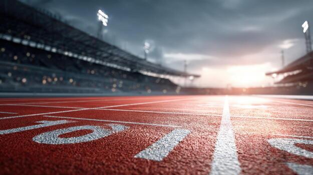 Athletics Track at Stadium Perspective with Lane Markings and Empty Seats, Symbolizing Competition and Achievement photo