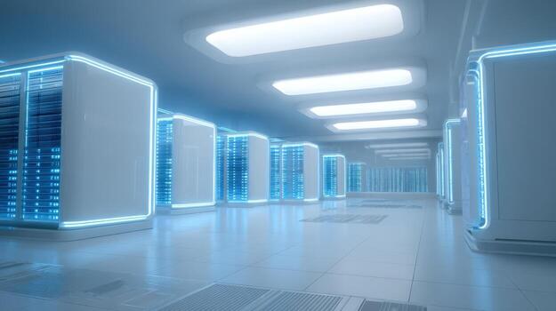 Data Center Interior with Rows of Server Racks Illuminating in Blue, Modern Technology and IT Infrastructure photo