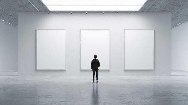 Person Viewing Three Blank Art Frames in Minimalist Gallery Space Featuring Concrete Architecture photo