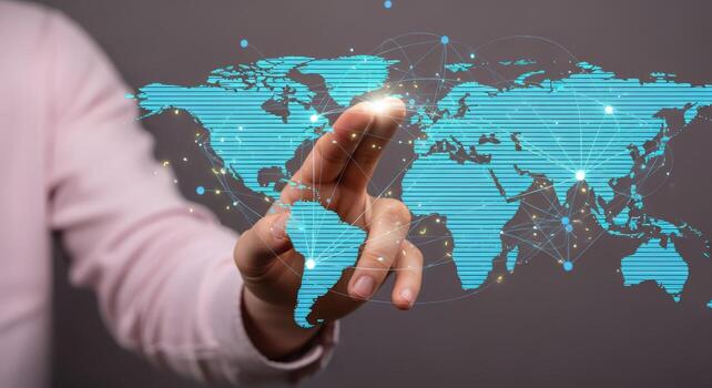 Global Network Connection Hand Touching Digital World Map Interface for International Business and Technology Solutions photo