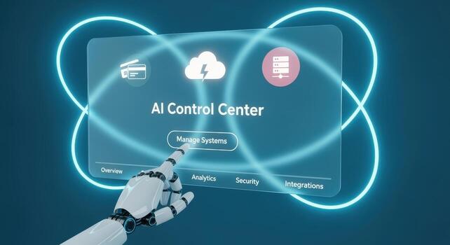 AI Control Center Interface with Robot Hand Touching Screen, Futuristic Technology for System Management photo