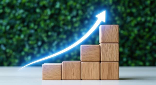 Growth Concept with Wooden Blocks and Upward Arrow Symbolizing Progress and Financial Success photo