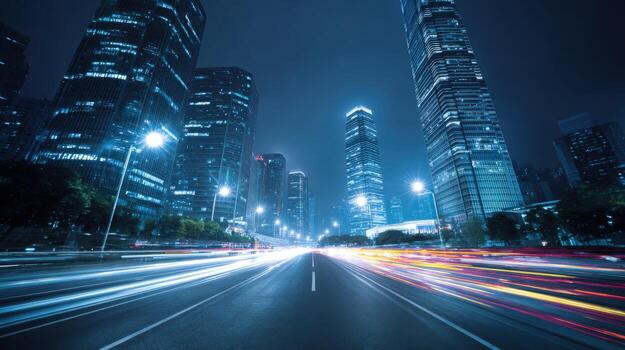 Night Cityscape with Light Trails Modern Architecture and Urban Illumination in a Metropolis photo