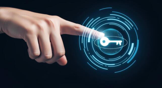 Finger activating digital key on futuristic interface representing access, security, technology and innovation photo