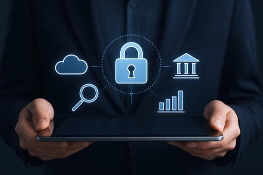 Data Security Concept Man Holding Tablet with Padlock, Cloud, Bank, and Magnifying Glass Icons photo