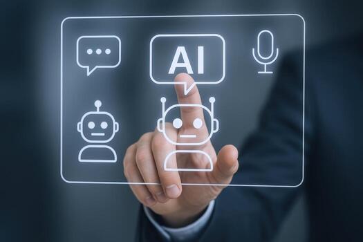 Artificial Intelligence Digital Interface Person Interacting with AI Chatbot, Speech Recognition and Data Analysis photo