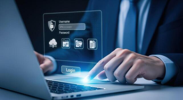Cybersecurity Login Interface Businessman Accessing Secure System with Biometric Authentication and Data Protection Technology photo