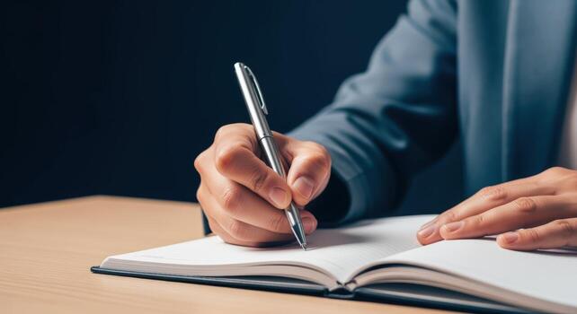 Close-up of a Persons Hands Writing in a Notebook with a Silver Pen, Focused on Creative Work photo