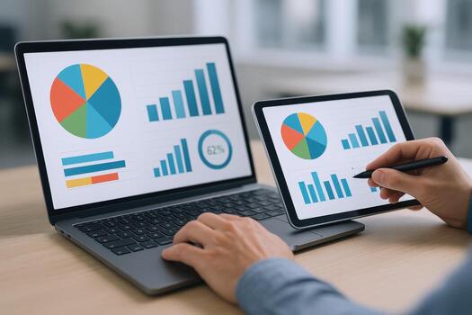 Analyzing Data Laptop and Tablet Displaying Charts for Business Insights, Financial Analysis, and Investment Strategy photo