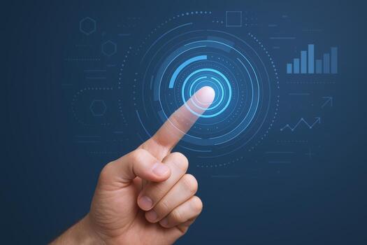 Human Finger Touching Digital Interface on Blue Background Representing Technology and Data Visualization photo