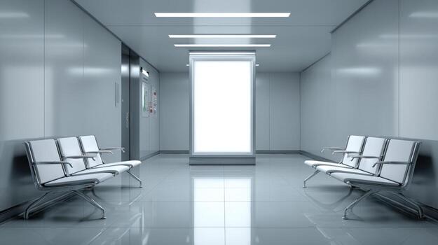 Modern Waiting Area with Illuminated Advertisement Display, Elevator Access, and Contemporary Seating Arrangement photo