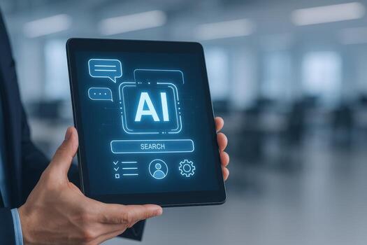 Businessman Holding Tablet Displaying AI Interface, Futuristic Technology and Machine Learning Concept, Digital Transformation and Innovation photo