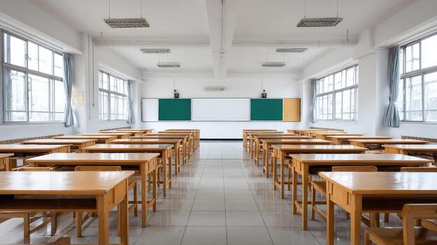 Empty Classroom with Wooden Desks, White Walls, and Natural Light from Windows for Education-related Projects photo