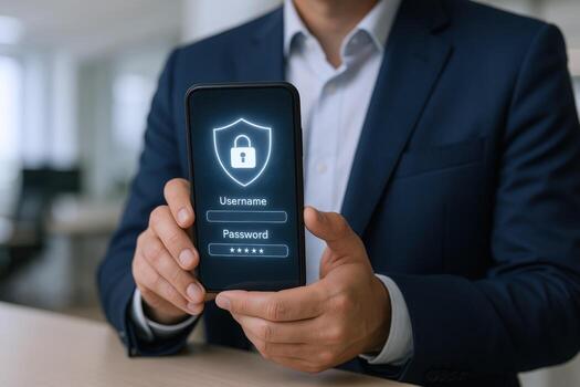 Data Protection on Mobile Man Displays Secure Login Screen on Smartphone for Cyber Security photo