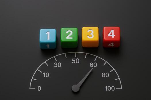 Colorful Numbered Blocks Placed Above a Speedometer, Illustrating Progress, Steps, or Milestones Against a Gray Background photo