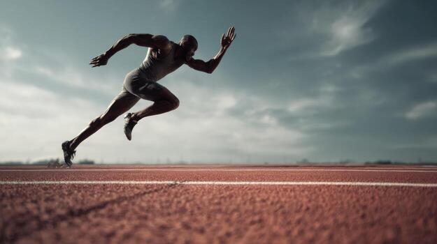Determined African American Sprinter Accelerating on a Track, Showing Power, Speed, and Athleticism Against a Cloudy Sky photo