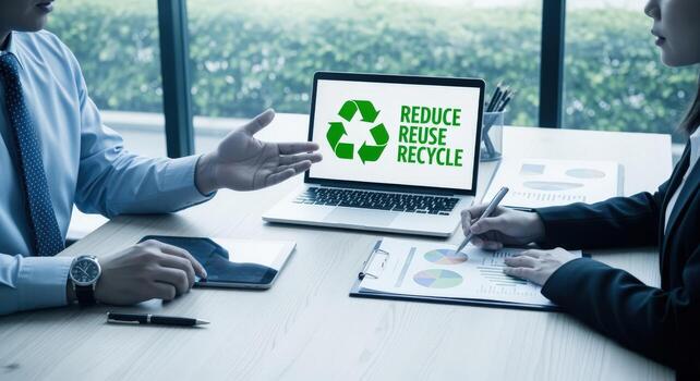 Business Professionals Discussing Reduce, Reuse, Recycle Strategies in an Office Setting for Sustainability Initiatives photo