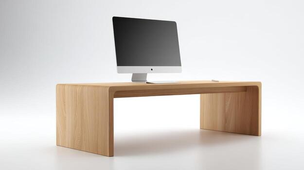 Minimalist Computer Setup Modern Wooden Desk with Sleek Monitor for Product Mockups and Lifestyle Presentation photo