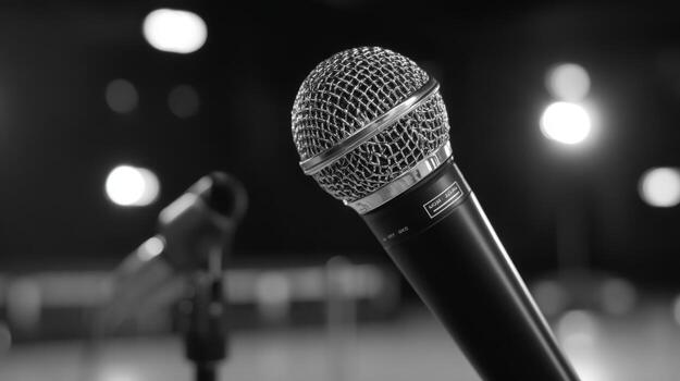 Close-up of a microphone on stage with blurred background in monochrome style ideal for concerts photo