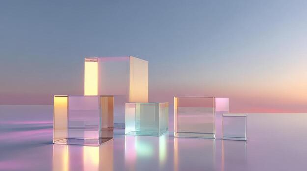 Abstract Glass Cubes Composition with Iridescent Reflections and a Pastel Sky Background for Product Mockups photo
