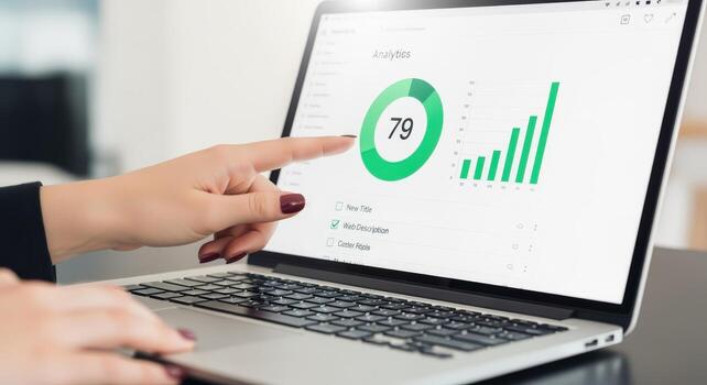 Businesswoman Analyzes Data on Laptop Screen Performance Metrics, Growth Charts, and Financial Analysis photo