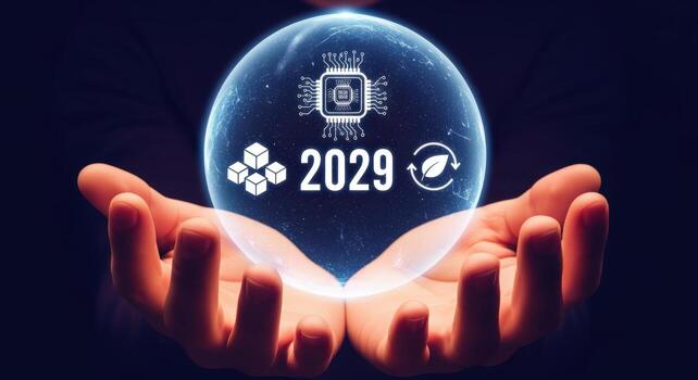 previsión tecnología en 2029 manos participación un brillante orbe mostrando digital innovaciones y sostenible energía soluciones foto