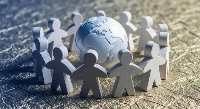 Global Unity Concept People Holding Hands Around Globe Symbolizing Collaboration and International Cooperation photo