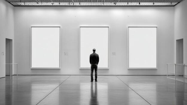 Contemplative Figure Gazing at Blank Canvases in an Art Gallery Exhibiting Creative Potential and Conceptual Space photo