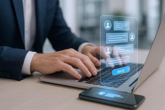 Business professional using laptop for online communication with virtual chat interface, engaging in modern technology photo