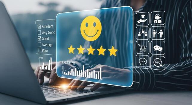 Customer Feedback Interface on Laptop Showing Smiley Face and Star Rating for Business Growth photo