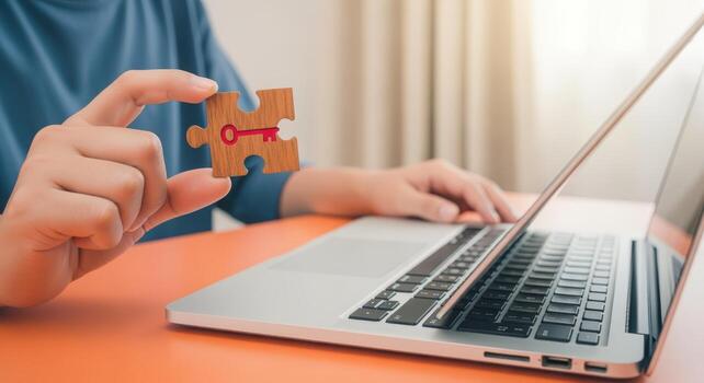 Digital Solution Person Holding Puzzle Piece with Key Icon Next to Laptop for Online Success photo