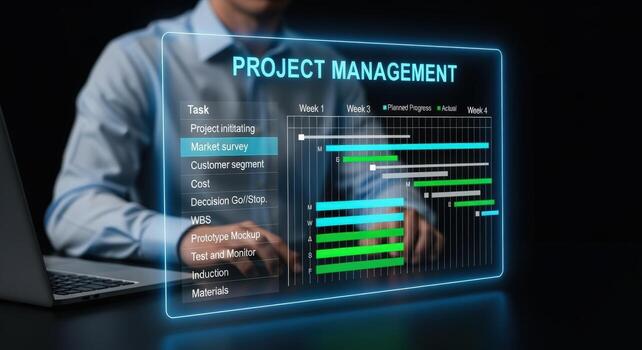 Project Management Dashboard Displayed on Hologram Screen Showing Gantt Chart and Project Timeline photo