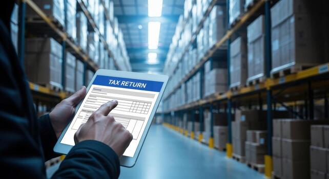 Warehouse Tax Return Filing with Digital Tablet Streamlining Logistics and Supply Chain Management Efficiency photo