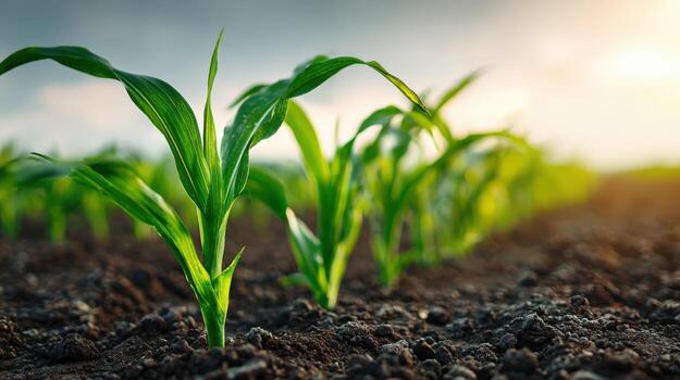 Emerging Corn Seedlings in a Row on Fertile Soil under a Warm Sunlight photo