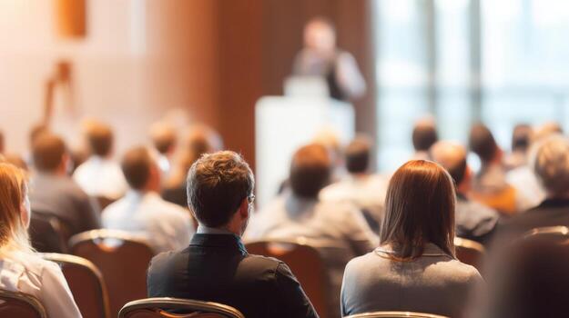 Audience Attending Business Conference with Speaker on Stage Delivering Presentation in Blurred Background photo