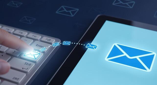 Email Marketing Concept Sending Messages from Keyboard to Tablet for Digital Communication Campaign photo