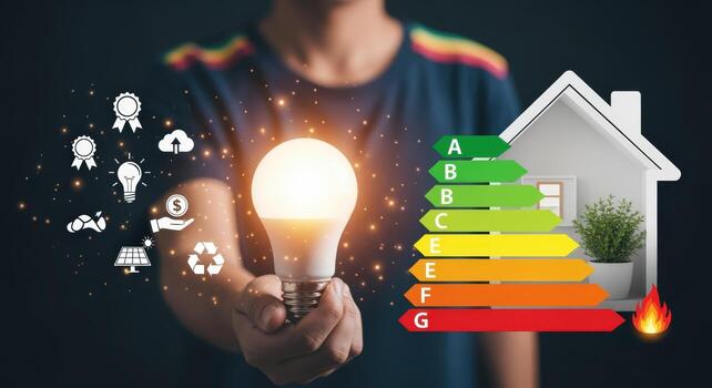 Person Holding Glowing Lightbulb Next to an Energy Efficiency Rating Chart, Representing Eco-Friendly Solutions photo