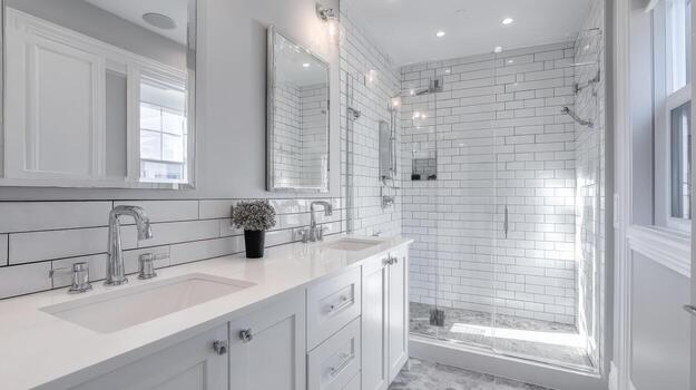 Bright Modern Bathroom Interior with Double Vanity, Subway Tile Shower, and Elegant Fixtures creating a relaxing and functional space photo