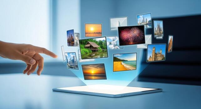 Digital Tablet Displaying Floating Images with Hand Touch, representing Technology, Travel, and Modern Communication photo