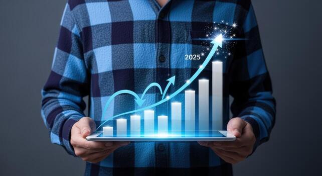 Man Holding Tablet Displaying Business Growth Chart with Rising Arrow and Target Year 2025 photo