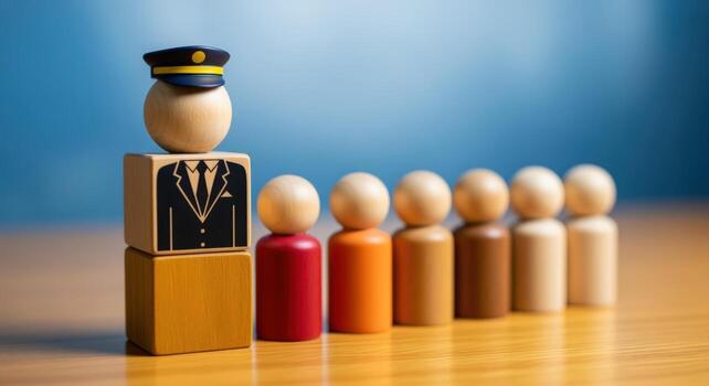 Leadership concept Wooden figures represent a hierarchical structure with a leader and team members aligned photo