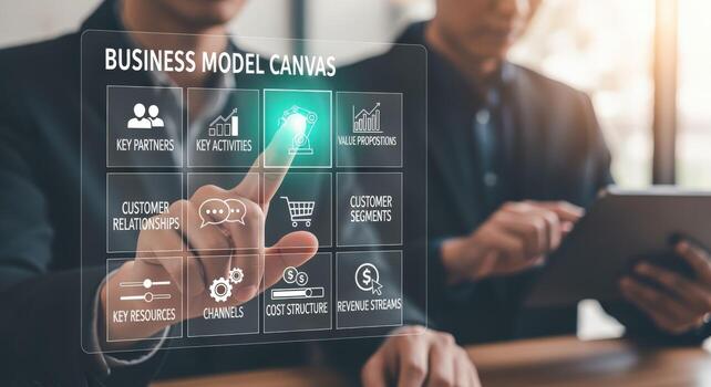 Business Model Canvas Visualization Two Professionals Planning Strategy with Interactive Digital Interface photo